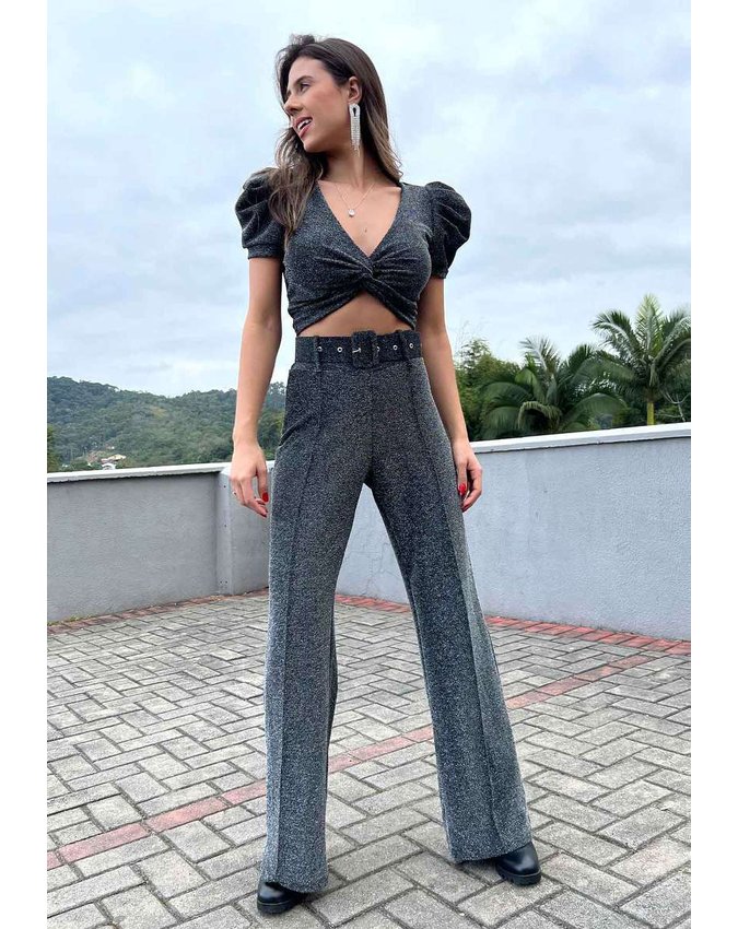 CONJUNTO FIO LUREX PANTALONA E CROPPED COSH JEANS - Main Image